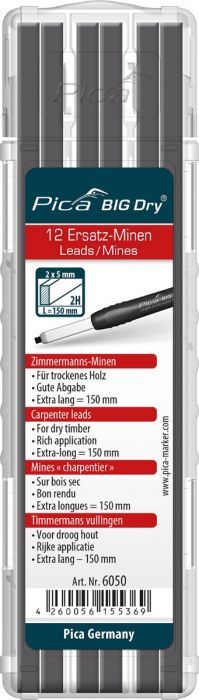 Matita Da Carpentiere PICA BIG Dry Con 12 Mine Di Ricambio - Mine Rettangolari 2x5mm - Avanzamento A Pulsante